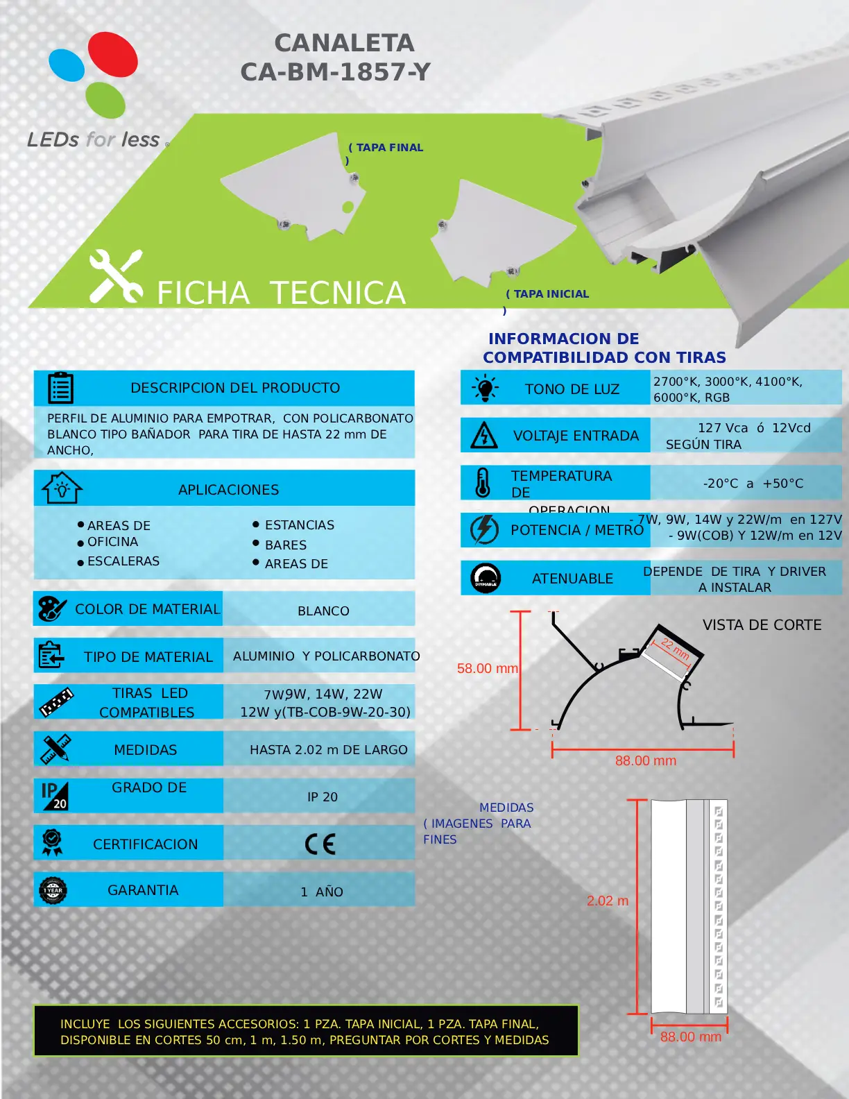 Perfil de aluminio blanco para enyesar tipo bañador de muro CA-BM-1857-Y.