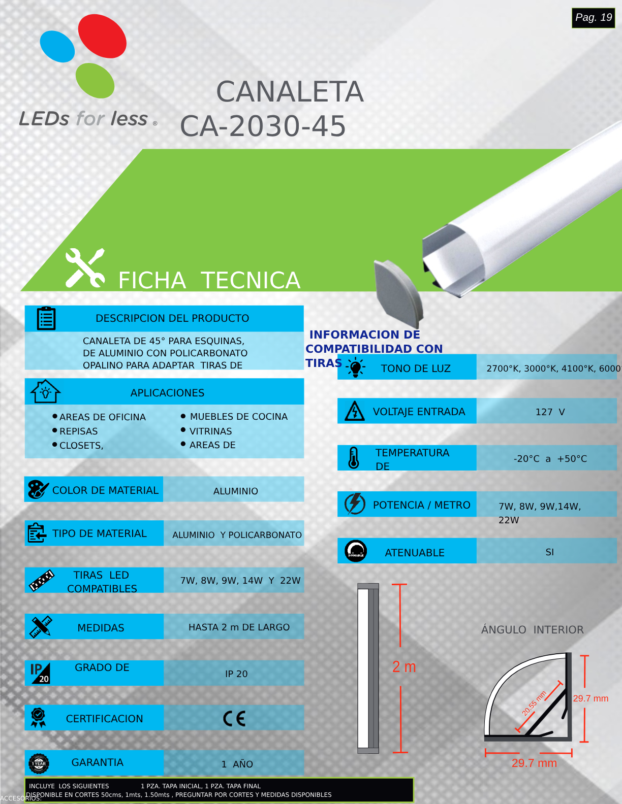 Perfil led esquinero 45 grados CA-2030-45 de aluminio para cocina Perfil led esquinero 45 grados CA-2030-45 de aluminio para cocina
