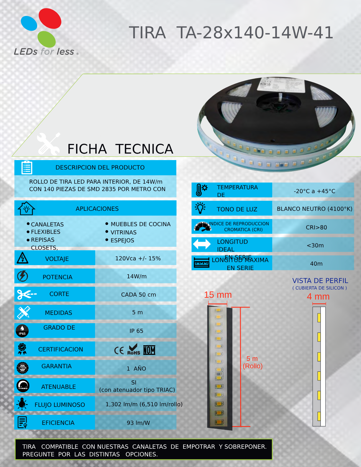 Tira LED 127V Alta Densidad (140 LEDs/m) Luz Neutra 4100K – Rollo 5M Tira LED 127V Alta Densidad (140 LEDs/m) Luz Neutra 4100K – Rollo 5M
