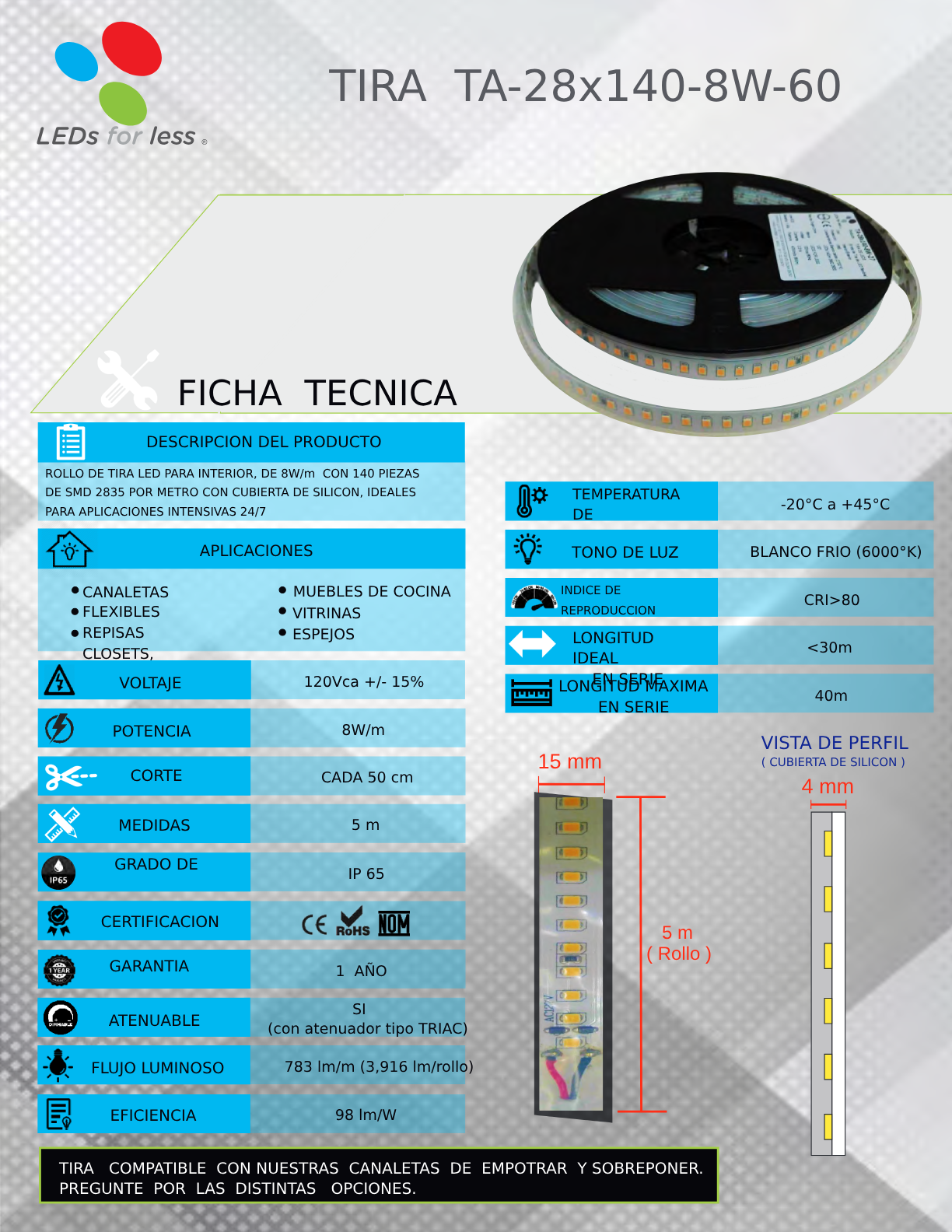 Tira LED 127V Alta Densidad (140 LEDs/m) Luz Fría 6000°K (8W/M) Tira LED 127V Alta Densidad (140 LEDs/m) Luz Fría 6000°K (8W/M)