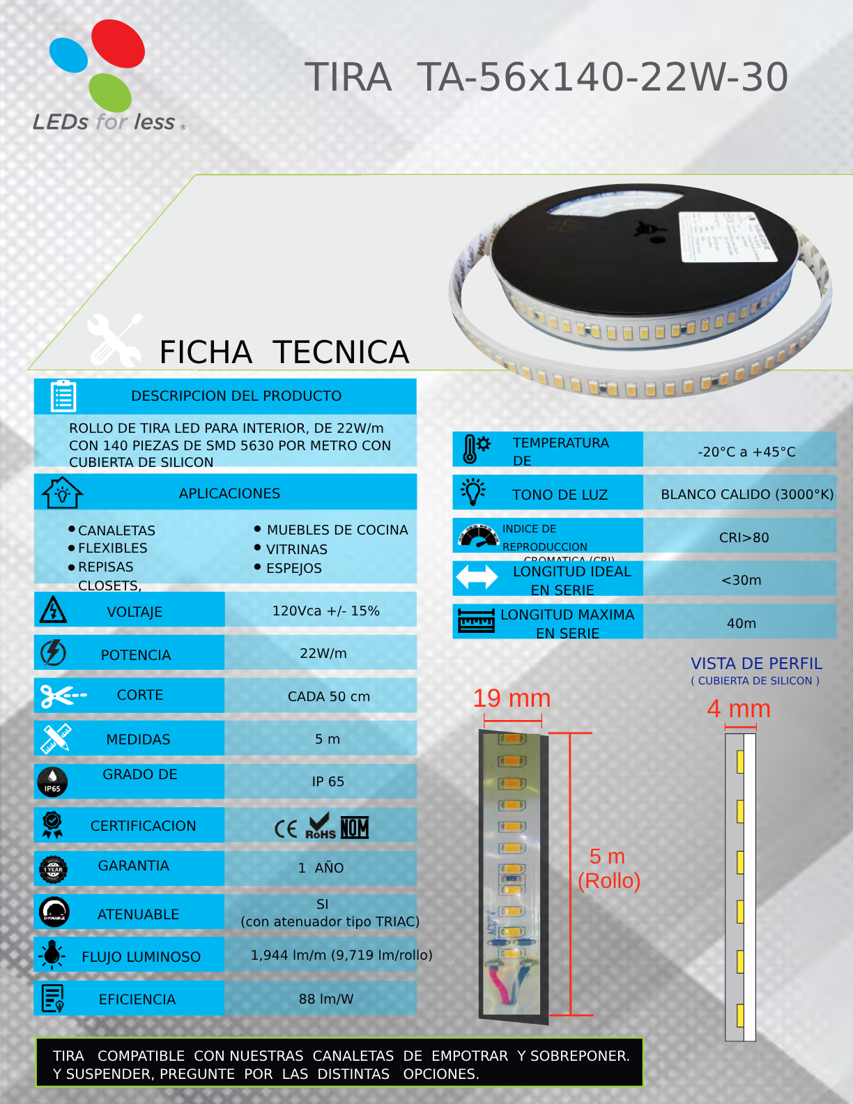 Tira LED 127V 22W/m con chip 5630 de alta potencia y cubierta de silicon IP65, tono 3000K. Tira LED 127V 22W/m con chip 5630 de alta potencia y cubierta de silicon IP65, tono 3000K.