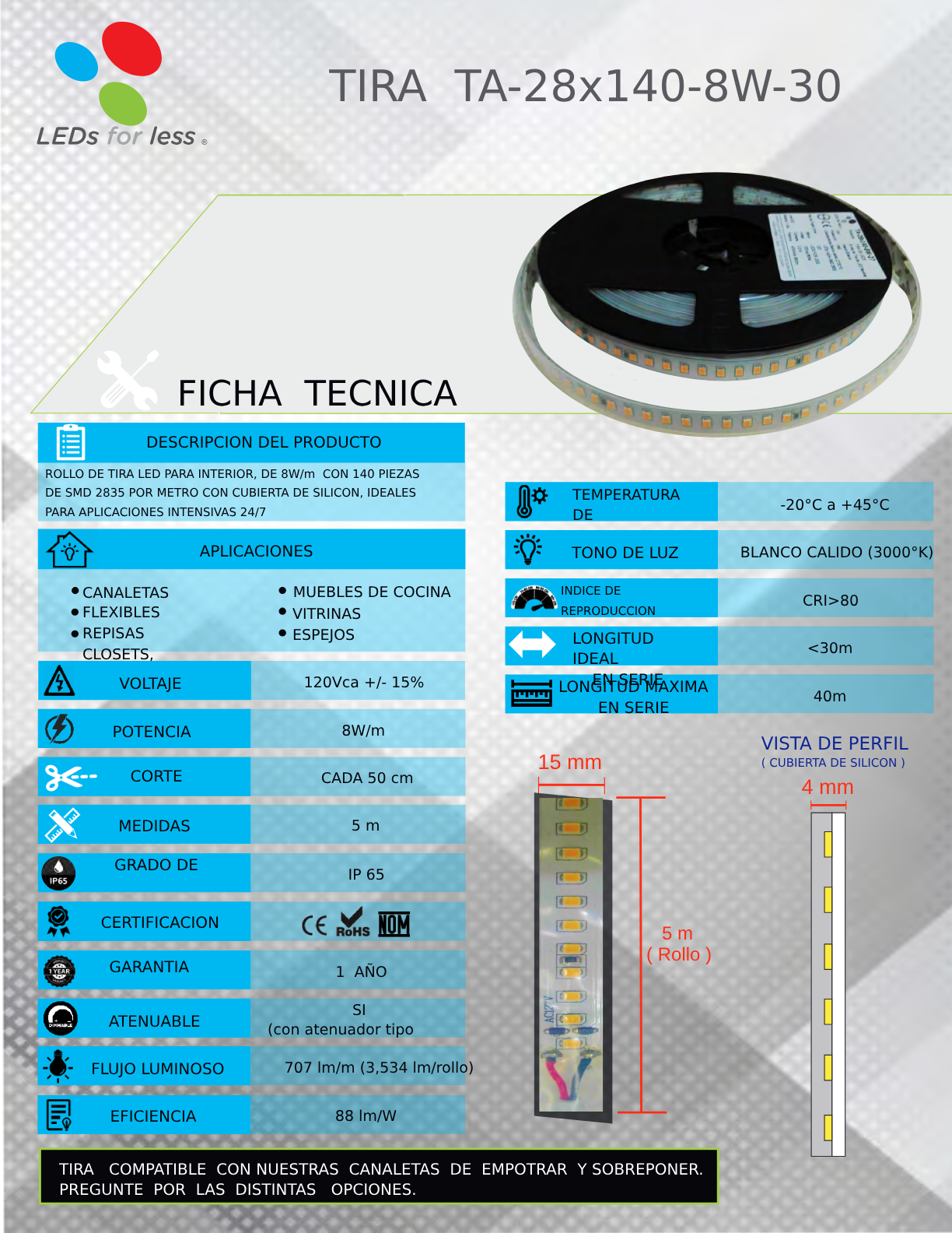 Tira LED 127V Alta Densidad (140 LEDs/m) Luz Cálida 3000°K (8W/M) Tira LED 127V Alta Densidad (140 LEDs/m) Luz Cálida 3000°K (8W/M)