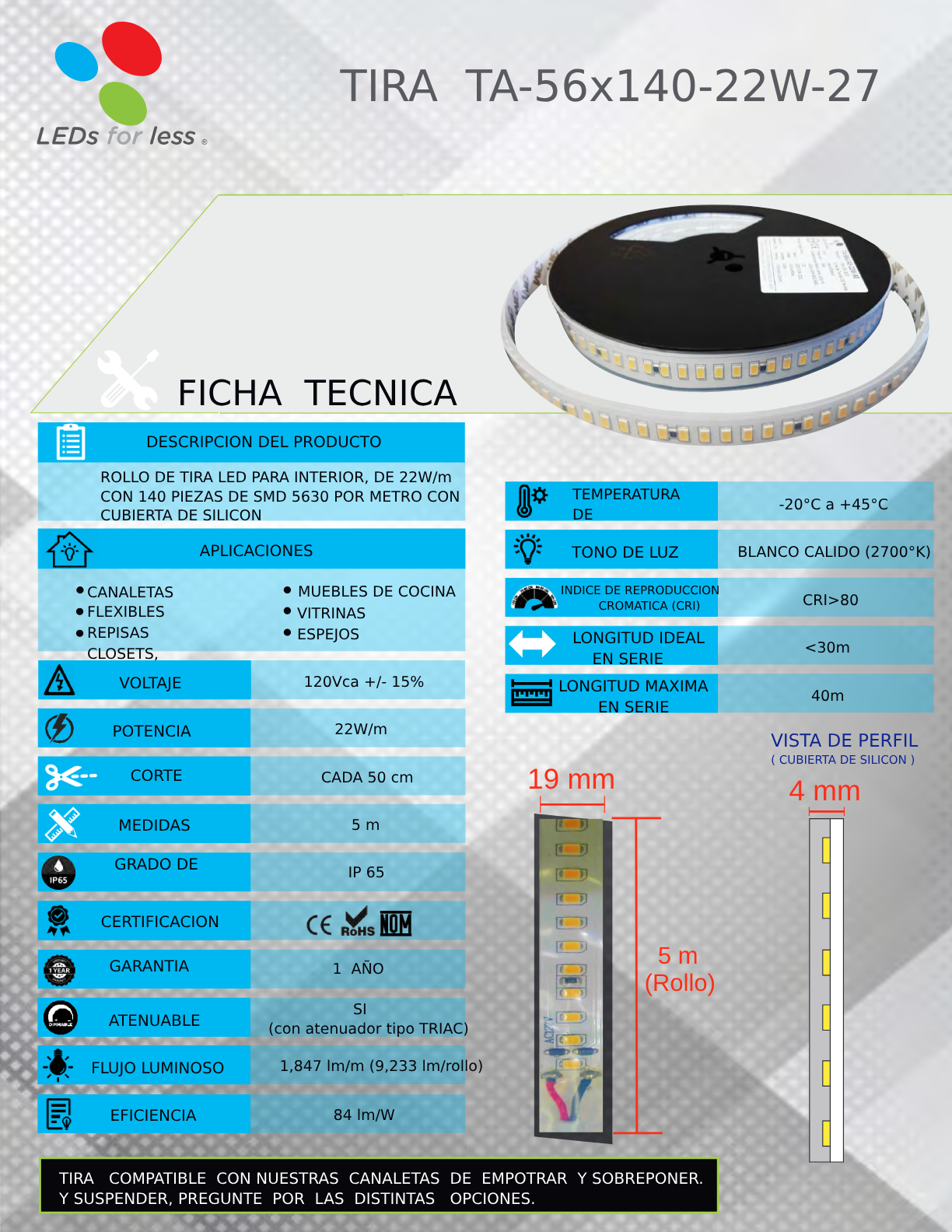 Tira LED 127V 22W/m con chip 5630 de alta potencia y cubierta de silicon IP65, tono 2700K. Tira LED 127V 22W/m con chip 5630 de alta potencia y cubierta de silicon IP65, tono 2700K.