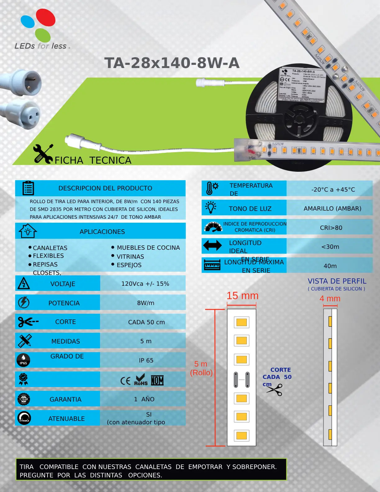 Tira LED color ámbar 127V de 8W/m con 140 LEDs metro para alta densidad. Tira LED color ámbar 127V de 8W/m con 140 LEDs metro para alta densidad.