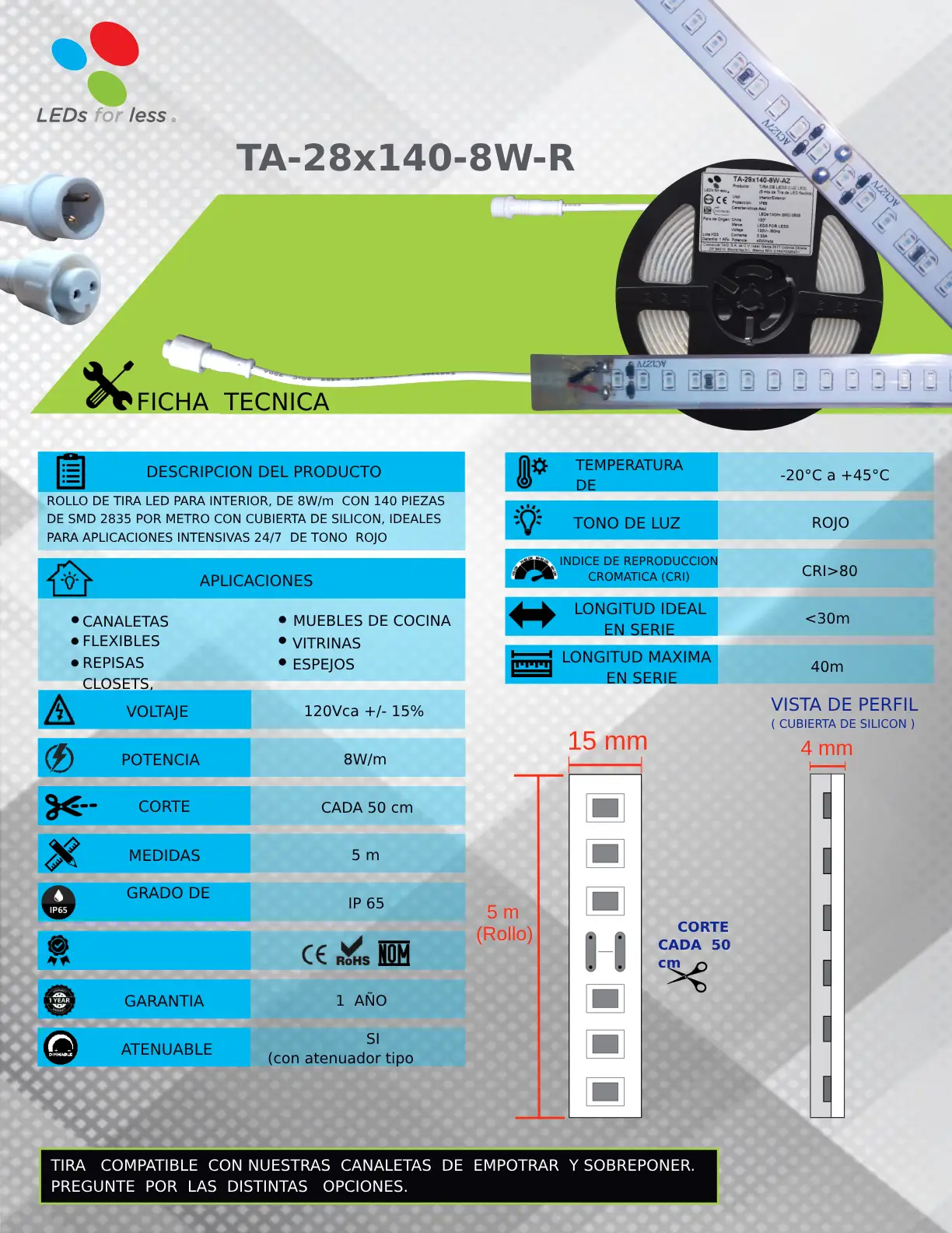 Tira LED roja de 127V, 8W/m, 140 LEDs/m de alta densidad para iluminación decorativa. Tira LED roja de 127V, 8W/m, 140 LEDs/m de alta densidad para iluminación decorativa.