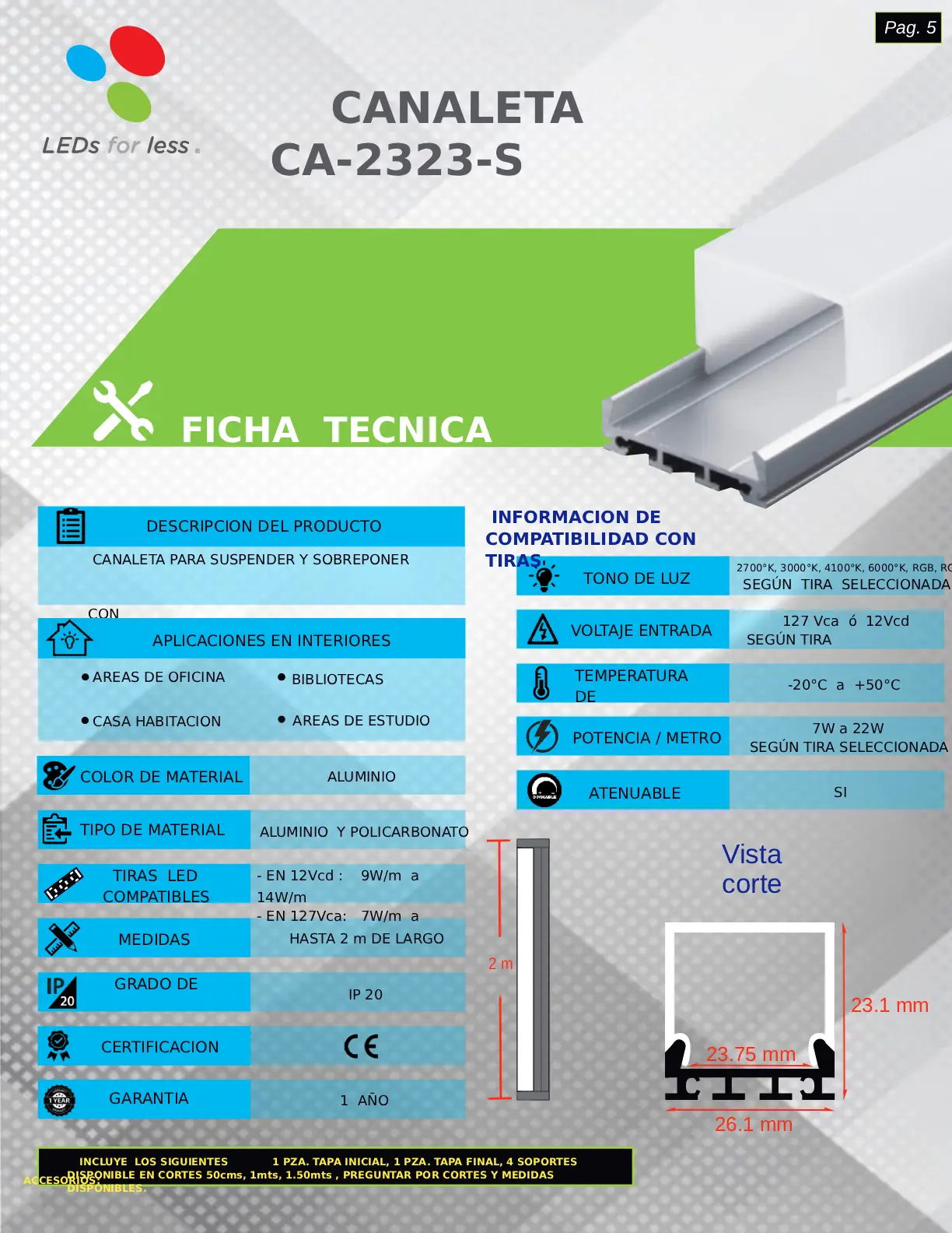 Perfil de aluminio cuadrado 23x23mm para suspender o sobreponer CA-2323-S.