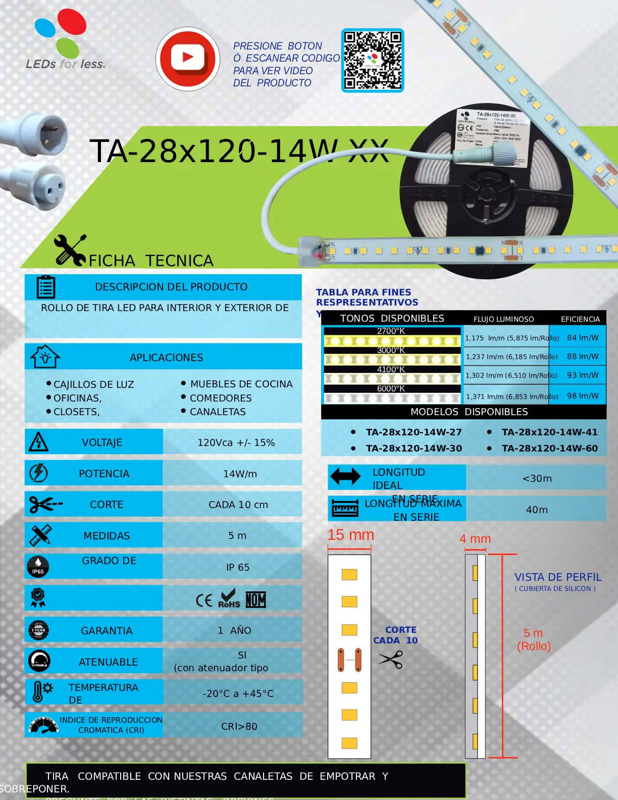 Tira LED 127V 14W/M 4100°K (Luz Cálida Suave) IP65 </ul> Rollo 5M