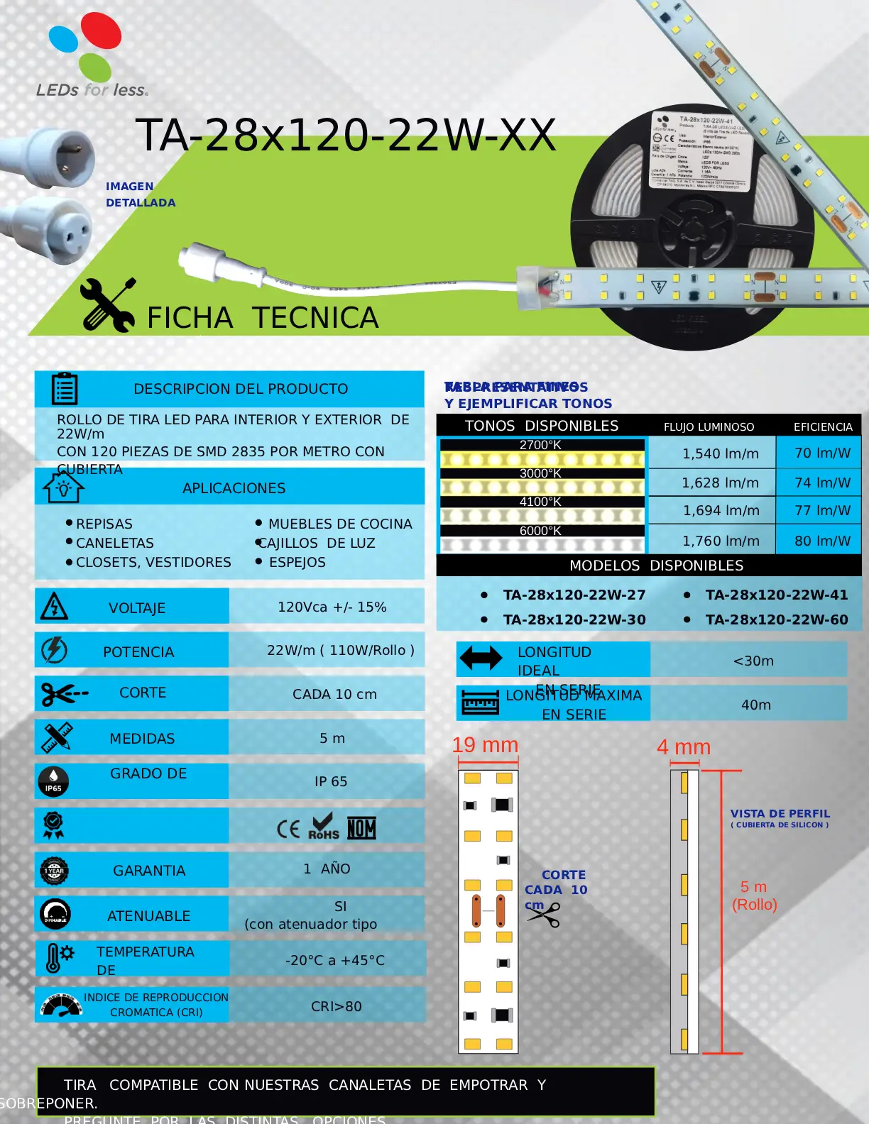 Tira LED 127V Alta Potencia 22W/M Luz Cálida 4100°K (¡Sin Driver!)