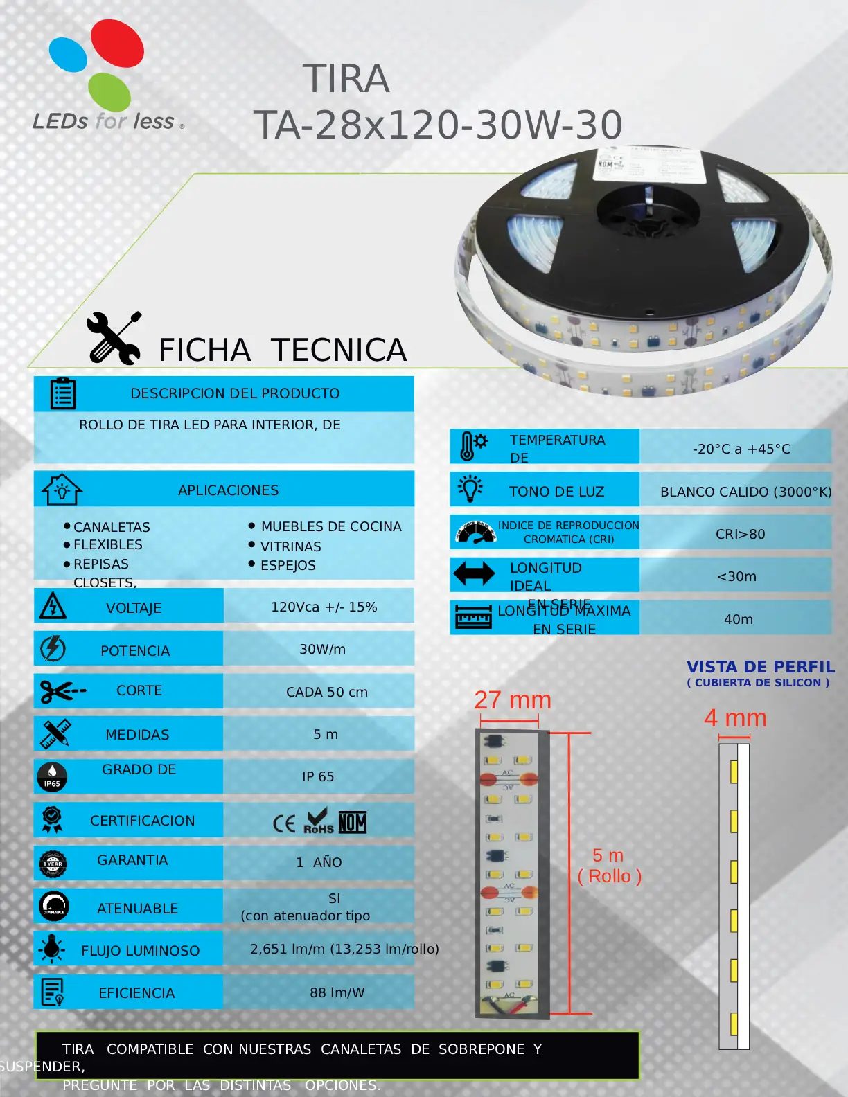 Tira LED 127V Ultra Alta Potencia 30W/M 3000°K (¡Sin Driver!) Tira LED 127V Ultra Alta Potencia 30W/M 3000°K (¡Sin Driver!)