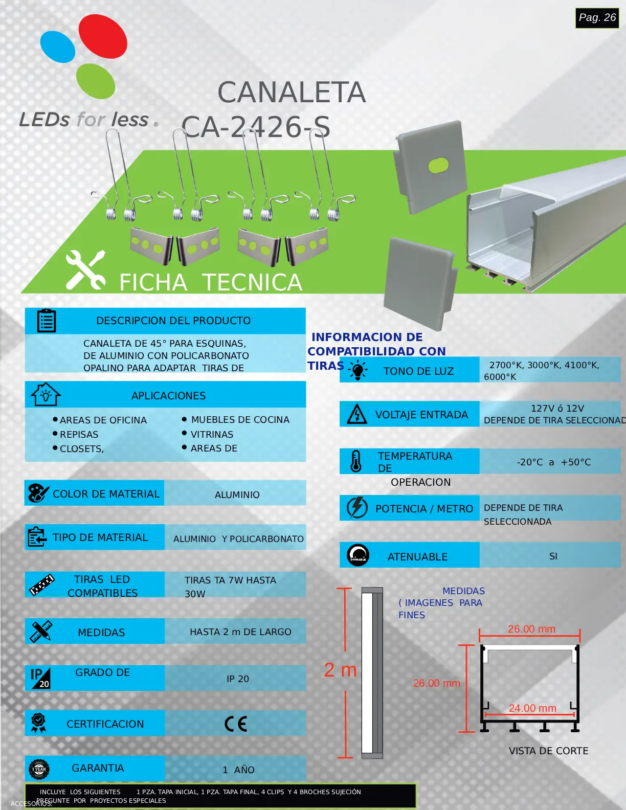 Perfil de aluminio esquinero 45 grados CA-2426-S para tira LED de 30W