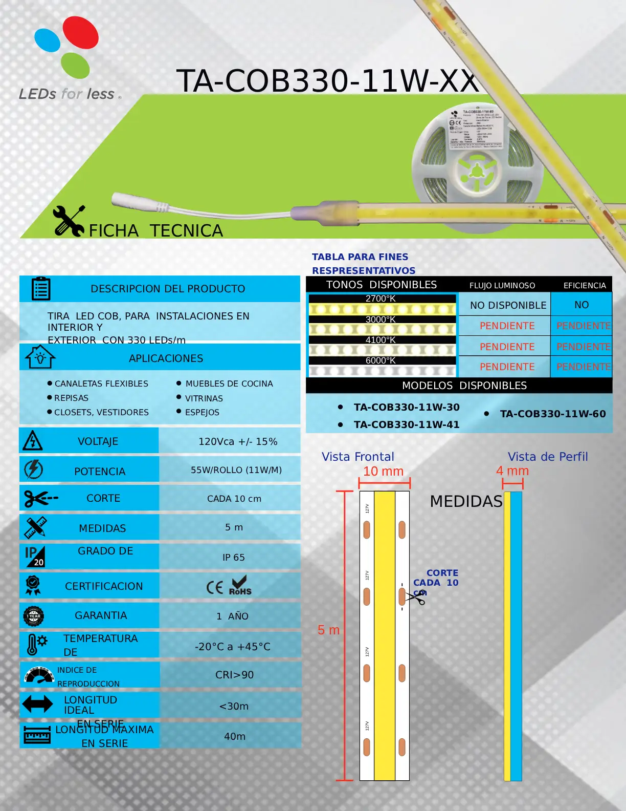 Tira LED COB 127V Conexión Directa </ul> 330 LEDs/m IP65 </ul> TA-COB330